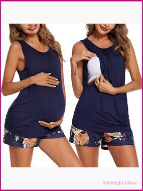 Maternity Nursing Pajama Set Sleeveless Top & Shorts with Pockets